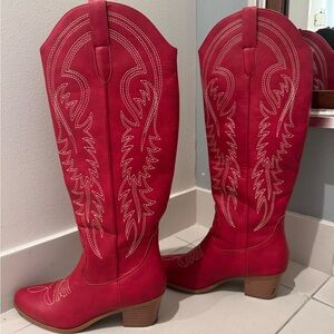 Red Western-Style Knee-High Boots
